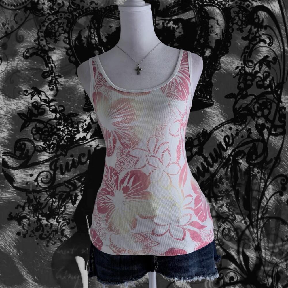 soft coral yellow tropical hibiscus Y2K floral ribbed sleeveless tank top